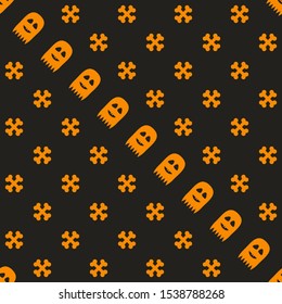 Halloween pattern. Seamless vector background with orange bones and ghosts on black backdrop