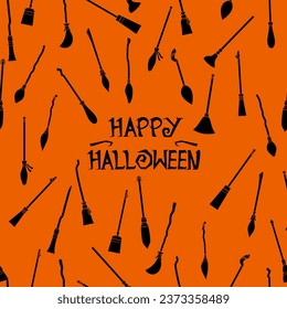 Halloween pattern seamless with witch brooms silhouette on orange background abstract