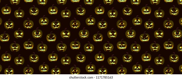 Halloween pattern set of black and golden pumpkin emotion faces on black background