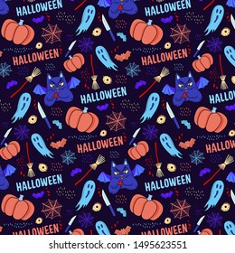 Halloween pattern with sinister cat, bat, pumpkin, knife, ghost, drop of blood, web and bloody eye. Seamless vector illustration