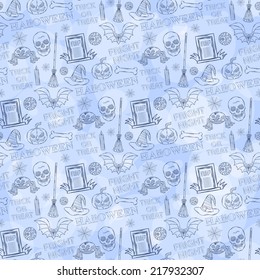 Halloween pattern with : a sinister spider,bat,broom witch,candle, pumpkin, tombstone,grave, eyes,spider web, skull, witch hat on a dark background with text
