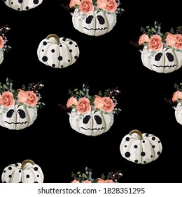 Halloween pattern with skary pumpkin and roses. Black background.