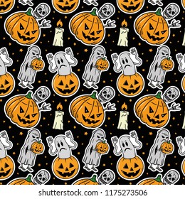 HALLOWEEN PATTERN SKELETON GHOST PUMPKIN CANDLE BLACK BACKGROUND