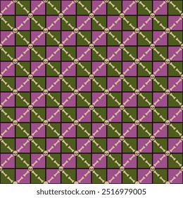 Halloween pattern. Skeleton head pattern on purple and green square background. Can be used for printing fabric, wrapping paper, wallpaper, social media, book cover, holiday decorations.