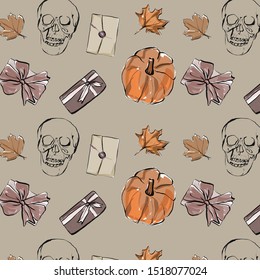 Halloween pattern with Skeleton, pumpkins, fallen autumn leaves, packaged gift. Watercolor party decorations elements. 