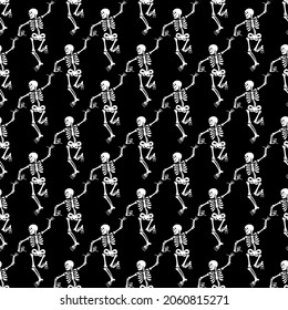 Halloween pattern with skeletons, vigorously dancing and having fun on a black background.