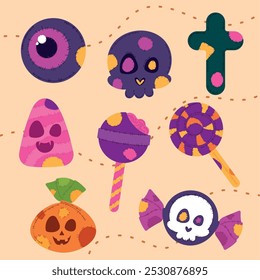 Halloween pattern with skulls, candy, and creepy eyeballs Vector