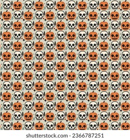 Halloween-Muster - Schädel und Kürbisse. Schwarze und orangefarbene Elemente. Ideal für Einladungen, Plakate und Textilprodukte. Trick oder geil, spuke Muster.