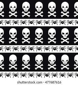 Halloween pattern with skulls and spiders. Seamless halloween background. Happy Halloween concept illustration.
