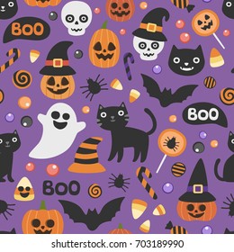 Halloween pattern. Smiling and funny cartoon characters pumpkin, ghost, cat, bat, candy, spider on purple background