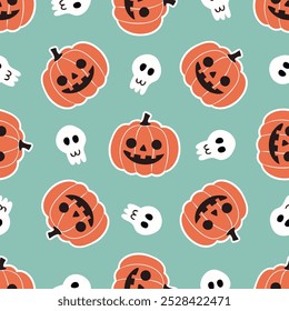 Halloween pattern with smiling jack-o'-lantern pumpkins and cute skulls on teal background. Fun Halloween design for holiday decorations, wrapping paper. Retro vector seamless pattern for Halloween.