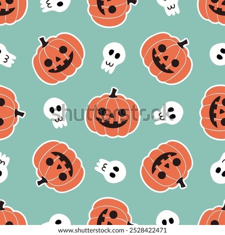 Halloween pattern with smiling jack-o'-lantern pumpkins and cute skulls on teal background. Fun Halloween design for holiday decorations, wrapping paper. Retro vector seamless pattern for Halloween.