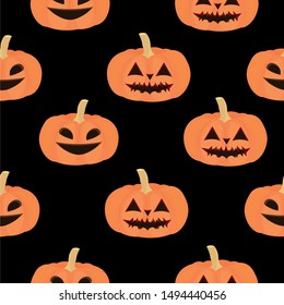 Halloween pattern. Smiling pumpkin on a black background. Design of cards, invitations, gift wrapping.
