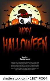 Halloween pattern. Soccer ball with witch hat, pumpkins, flying bats and crosses on the background of the moon. Pattern for banner, poster, greeting card, party invitation. Vector illustration