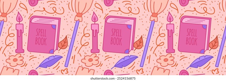 Patrón de Halloween con libro de hechizos con pluma, vela y escoba de bruja. Textura de fiesta mágica en color naranja, rosa y púrpura. Ilustración vectorial de archivo en estilo de dibujos animados con contorno.