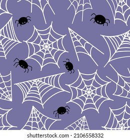 Halloween pattern with spider web. Cobwebs and spiders seamless pattern. Spider web silhouette. Minimalist background with cobwebs, Halloween theme. 