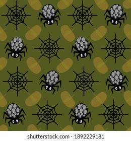 halloween pattern with spiders and cobwebs on a khaki background.