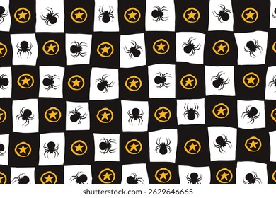 Halloween Pattern with Spiders and Stars in Hand Drawn Style. Doodle arachnid web perfect for cards, party invitations, web, fashion, print