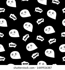 Halloween pattern with spooky boo ghost. Black background. Vector