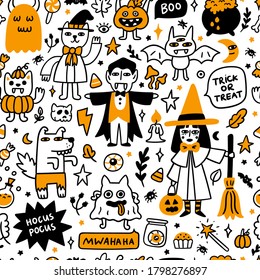 Halloween pattern with spooky characters and holiday attributes. It can be used for packaging, wrapping paper, textile, home decor etc. 