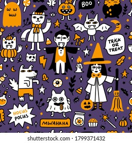 Halloween pattern with spooky characters and holiday attributes. It can be used for packaging, wrapping paper, textile, home decor etc. Graphic vector illustration.