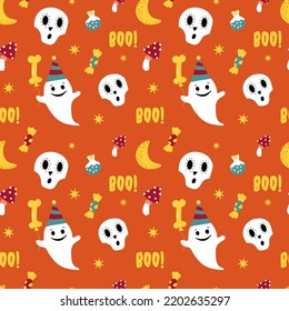 Halloween Pattern with Spooky ghost and bone. Seamless with skull, Boo and candy for party. Orange wrapping paper with cute, funny chatacters for Halloween.