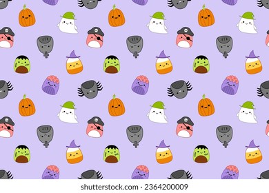 Halloween pattern with squishmallow tomb, ghost, pirate, zombie, candy corn, spider. Kawaii, Vector. Isolated vector illustration eps 10