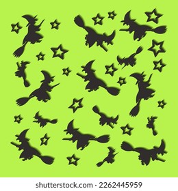 Halloween pattern with stars and flying witches on a green background