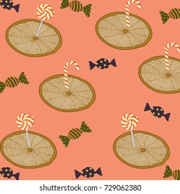 Halloween pattern with sweets, candy, lollipop,lemons. For textile, texture, fabric, prints, wallpaper decor,poster,invitation and greeting cards design.Vector illustration.