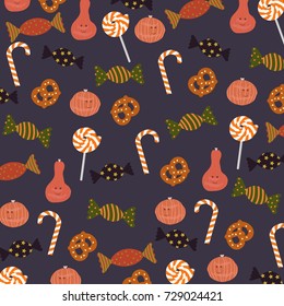 Halloween pattern with sweets, candy, pretzel, lollipop, pumpkins, confetti. For textile, texture, fabric, prints, wallpaper decor, poster, invitation and greeting cards design. Vector illustration.