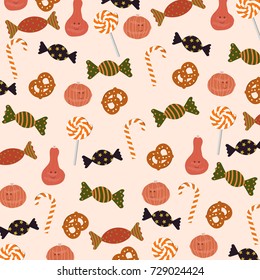 Halloween pattern with sweets, candy, pretzel, lollipop, cute pumpkins, confetti. For textile, texture, fabric, prints, wallpaper decor, poster, invitation and greeting cards design. Vector illustration.