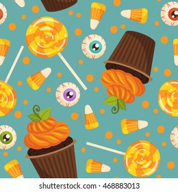 Halloween pattern with sweets on turquoise background. Cupcakes, lollipop, candy corn and evil eye sweets.