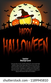 Halloween pattern. Tennis ball with witch hat, pumpkins, flying bats and crosses on the background of the moon. Pattern for banner, poster, greeting card, party invitation. Vector illustration