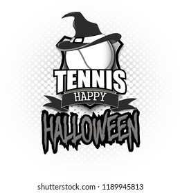 Halloween pattern. Tennis logo template design. Basketball ball with witch hat. Pattern for banner, poster, greeting card, party invitation. Vector illustration