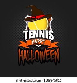Halloween pattern. Tennis logo template design. Basketball ball with witch hat. Pattern for banner, poster, greeting card, party invitation. Vector illustration