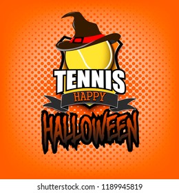 Halloween pattern. Tennis logo template design. Basketball ball with witch hat. Pattern for banner, poster, greeting card, party invitation. Vector illustration
