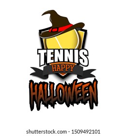 Halloween pattern. Tennis logo template design. Tennis ball with witch hat. Pattern for banner, poster, greeting card, party invitation. Vector illustration