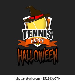 Halloween pattern. Tennis logo template design. Tennis ball with witch hat. Pattern for banner, poster, greeting card, party invitation. Vector illustration