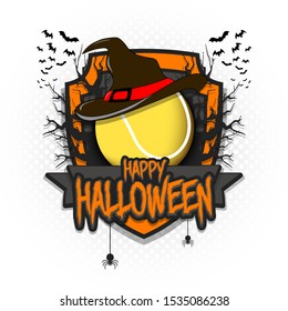 Halloween pattern. Tennis logo template design. Tennis ball in a hat on a background of spooky trees and bats with a shield. Pattern for banner, poster, party invitation. Vector illustration