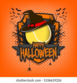 Halloween pattern. Tennis logo template design. Tennis ball in a hat on a background of spooky trees and bats with a shield. Pattern for banner, poster, party invitation. Vector illustration