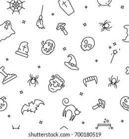 Halloween pattern: thin monochrome Halloween pattern, black and white icons