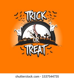Halloween pattern. Trick or treat. Baseball template design. Baseball ball, pumpkins, spooky tree, crosses, coffin, ghost and bat. Pattern for banner, poster, party invitation. Vector illustration