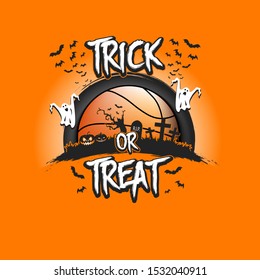 Halloween pattern. Trick or treat. Basketball template design. Basketball ball, pumpkins, spooky tree, crosses, coffin, ghost and bat. Pattern for banner, poster, party invitation. Vector illustration