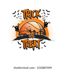 Halloween pattern. Trick or treat. Basketball template design. Basketball ball, pumpkins, spooky tree, crosses, coffin, ghost and bat. Pattern for banner, poster, party invitation. Vector illustration