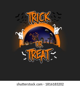 Halloween pattern. Trick or treat. Bowling template design. Bowling ball, pumpkins, spooky tree, crosses, coffin, ghost and bat. Pattern for banner, poster, party invitation. Vector illustration