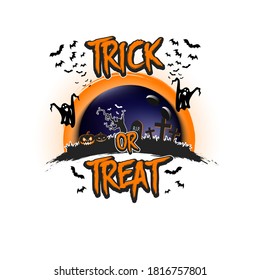 Halloween pattern. Trick or treat. Bowling template design. Bowling ball, pumpkins, spooky tree, crosses, coffin, ghost and bat. Pattern for banner, poster, party invitation. Vector illustration