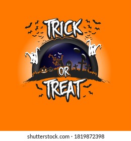 Halloween pattern. Trick or treat. Bowling template design. Bowling ball, pumpkins, spooky tree, crosses, coffin, ghost and bat. Pattern for banner, poster, party invitation. Vector illustration