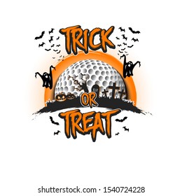 Halloween pattern. Trick or treat. Golf template design. Golf ball, pumpkins, spooky tree, crosses, coffin, ghost and bat. Pattern for banner, poster, party invitation. Vector illustration