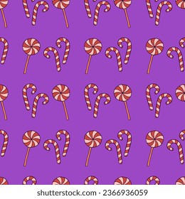 Halloween pattern trick or treat, lollipops and candy canes. vector illustration for surfaces on a lilac background.