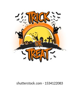 Halloween pattern. Trick or treat. Tennis template design. Tennis ball, pumpkins, spooky tree, crosses, coffin, ghost and bat. Pattern for banner, poster, party invitation. Vector illustration